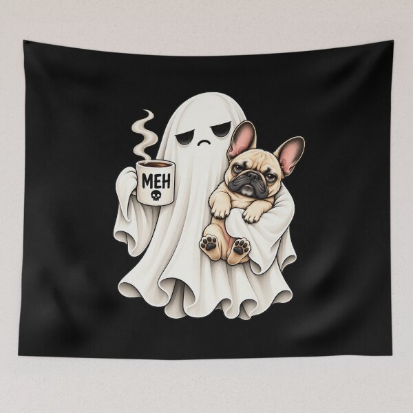 Item preview, Grumpy Ghost French Bulldog Holding Coffee Spooky Design T-Shirt designed and sold by Trendably.