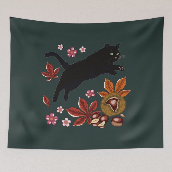 Item preview, Black Cat Autumn Chestnuts Cottagecore Botanical Art designed and sold by LeshanArt.