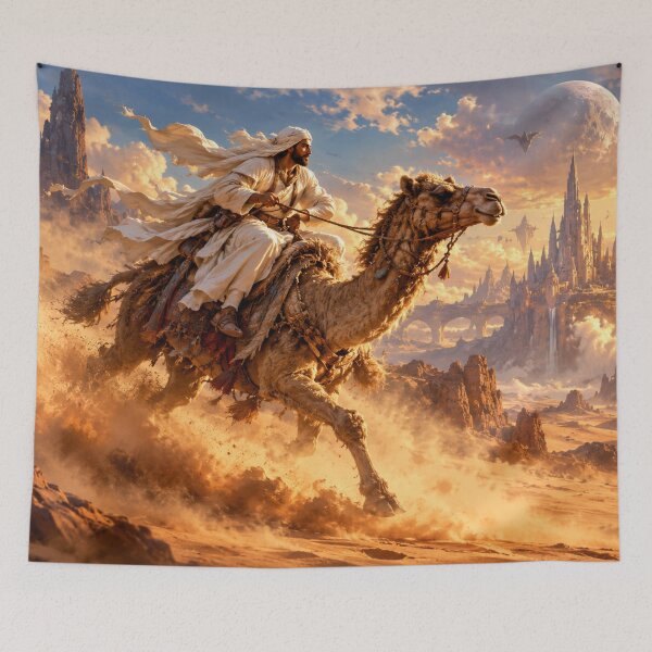 Item preview, A rider racing through a rocky landscape on a camel. designed and sold by Sigtrix.