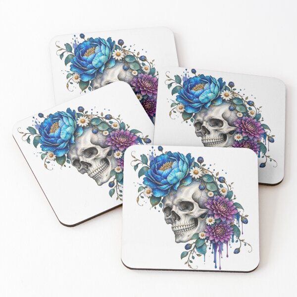 Item preview, Artistic Floral Skull With Blue Peony And Purple Flowers Watercolor Drip designed and sold by DYALEEZ-XCR.
