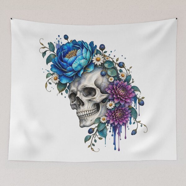 Item preview, Artistic Floral Skull With Blue Peony And Purple Flowers Watercolor Drip designed and sold by DYALEEZ-XCR.