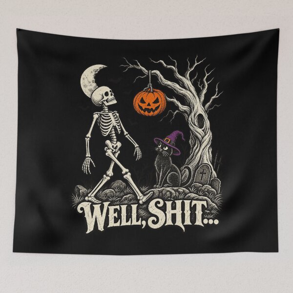 Item preview, Well Shit Skeleton Black Cat Funny Halloween Retro Design designed and sold by ZaDonShop.