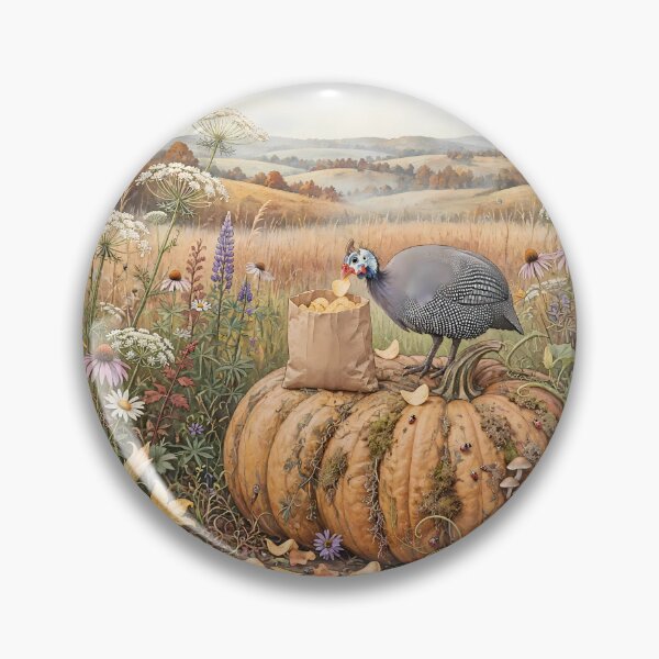 Item preview, Guinea Fowl Eating Chips on Pumpkin in Autumn Meadow designed and sold by m-y-A-I-A-R-T-.