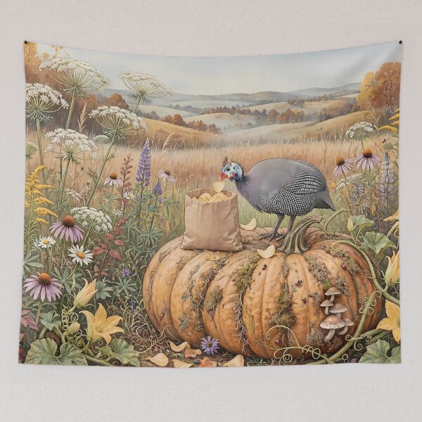 Item preview, Guinea Fowl Eating Chips on Pumpkin in Autumn Meadow designed and sold by m-y-A-I-A-R-T-.
