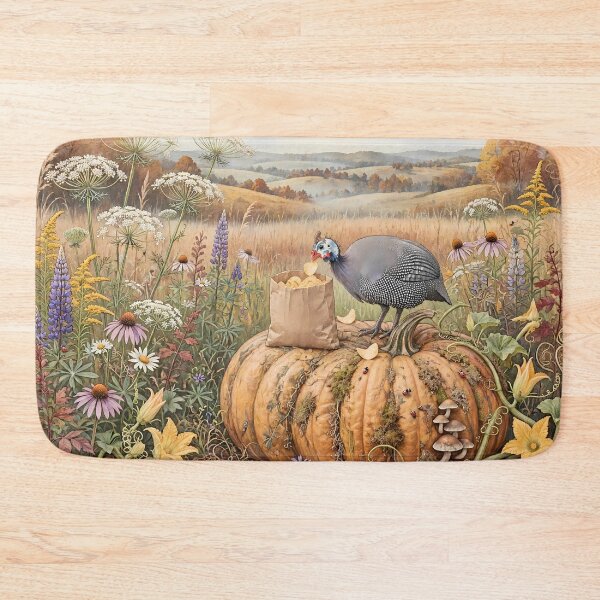 Item preview, Guinea Fowl Eating Chips on Pumpkin in Autumn Meadow designed and sold by m-y-A-I-A-R-T-.