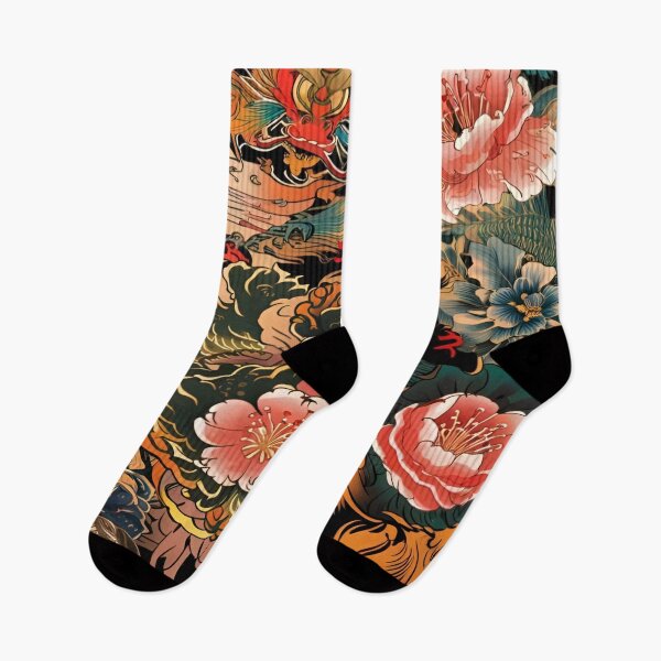 Item preview, A Japanese Dragon Lore Intertwined with Floral Elegance against a Rich Black Background designed and sold by Matt_Smith.