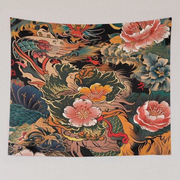 Item preview, A Japanese Dragon Lore Intertwined with Floral Elegance against a Rich Black Background designed and sold by Matt_Smith.
