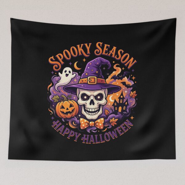 Item preview, Spooky Season Happy Halloween Skull with Witch Hat and Pumpkin – Cute Halloween Apparel Design designed and sold by fawzimorsy.