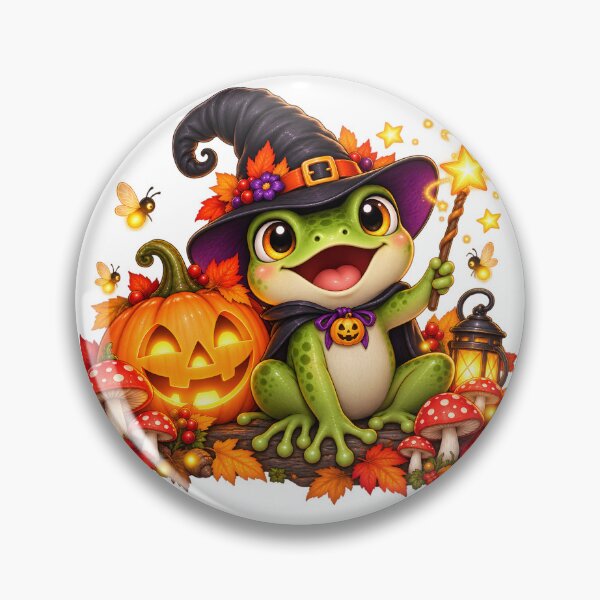 Item preview, Whimsical Halloween Frog – Witch Hat, Pumpkin & Magic Wand designed and sold by Clothes With Smiling Animals Walt Gral.