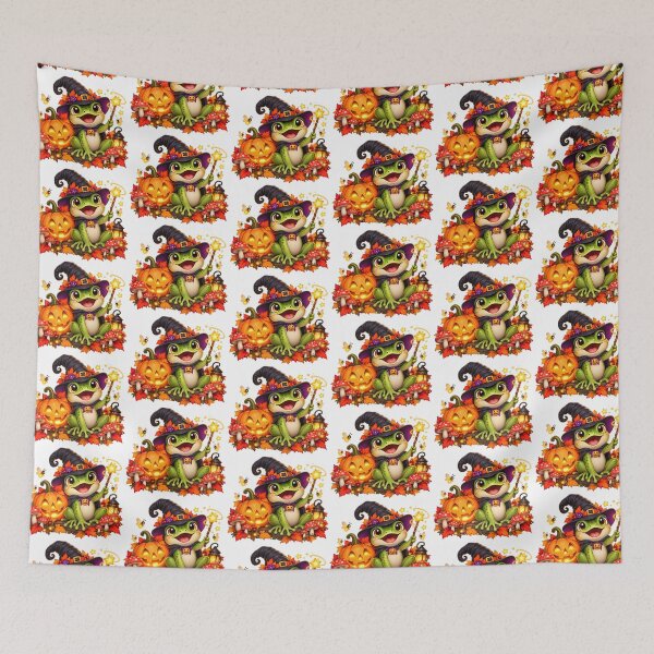 Item preview, Whimsical Halloween Frog – Witch Hat, Pumpkin & Magic Wand designed and sold by Clothes With Smiling Animals Walt Gral.