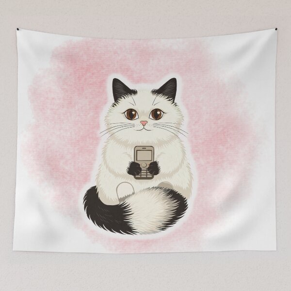 Item preview, Cute Cat Holding Retro Phone Illustration designed and sold by RAJASWARSTORE.
