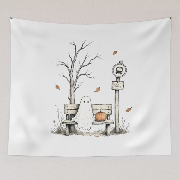 Item preview, Last Stop Ghost Halloween Bus Stop Pumpkin Autumn Vintage Graphic designed and sold by Kerryberri.