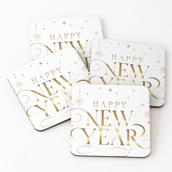Item preview, Elegant Gold Happy New Year Calligraphy with Snowflakes and Stars designed and sold by DoveArtDesigns.