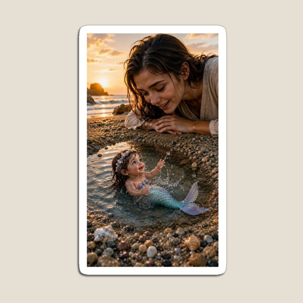 Item preview, Magical Baby Mermaid at Sunset Beach – Whimsical Ocean Fantasy Art designed and sold by Bhaskar Digital Art.