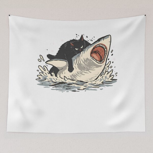 Item preview, Funny Black Cat Riding Shark Ocean Adventure Retro Animal Graphic designed and sold by Kerryberri.