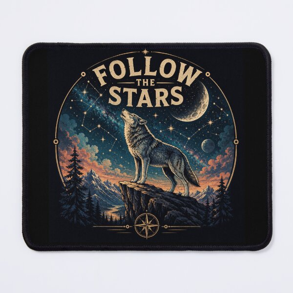 Item preview, Follow the Stars – Cosmic Wolf Wilderness Illustration designed and sold by Dogandesighn.