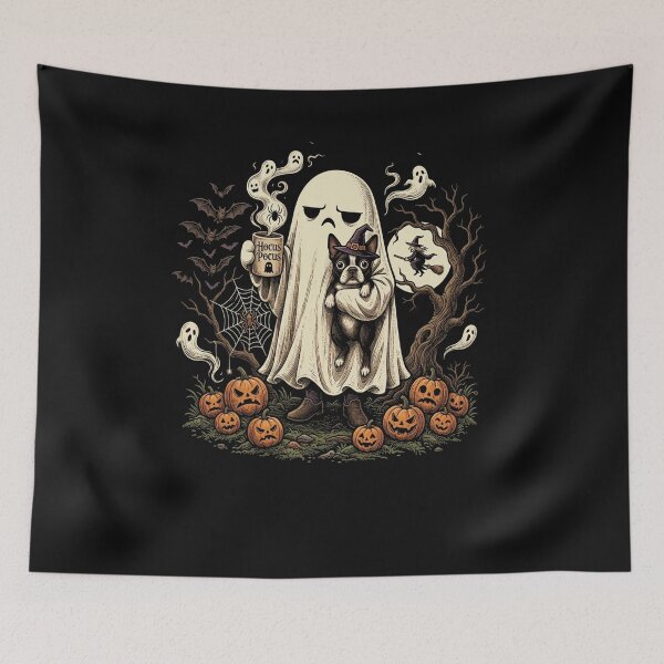 Item preview, Funny Grumpy Ghost Boston Terrier Holding Coffee Spooky designed and sold by ZANNIX.