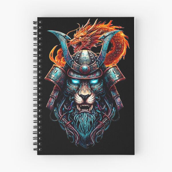 Item preview, Samurai Lion Warrior With Fire Dragon | Japanese Cyberpunk Beast Oni Mask designed and sold by HealingEraInk.