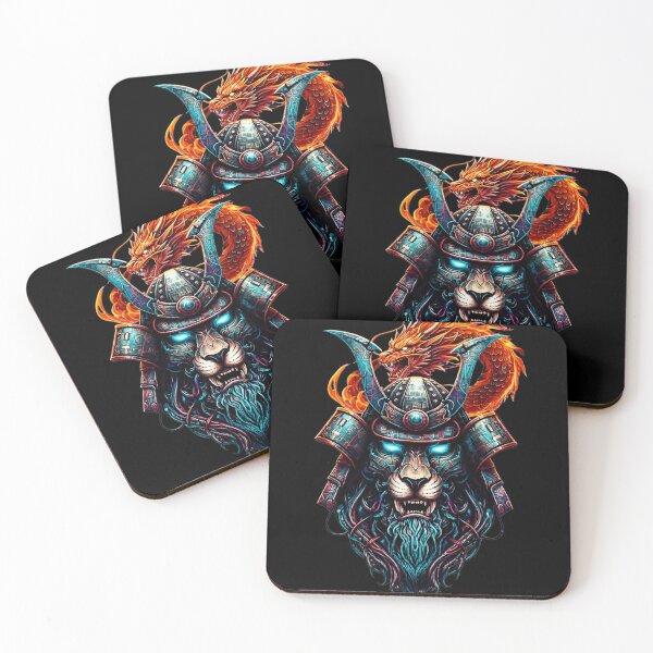 Item preview, Samurai Lion Warrior With Fire Dragon | Japanese Cyberpunk Beast Oni Mask designed and sold by HealingEraInk.