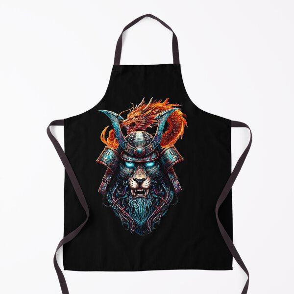 Item preview, Samurai Lion Warrior With Fire Dragon | Japanese Cyberpunk Beast Oni Mask designed and sold by HealingEraInk.