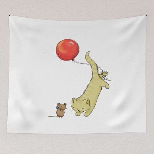 Aperçu de l'œuvre Cat Chasing Red Balloon - Playful Kitten and Mouse Illustration créée et vendue par Elite Wall Art.