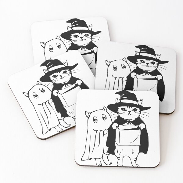 Item preview, Halloween Cats Trick or Treating - Cute Ghost Cat and Witch Cat Costume Black and White Illustration designed and sold by Elite Wall Art.