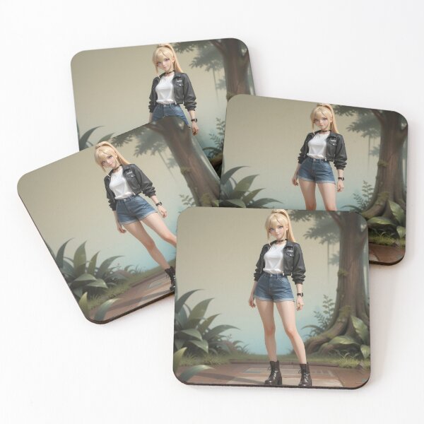 Item preview, Blonde Woman in Black Leather Jacket and Denim Shorts in Forest designed and sold by Killington.