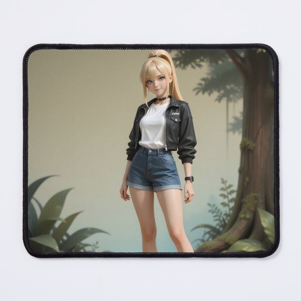 Item preview, Blonde Woman in Black Leather Jacket and Denim Shorts in Forest designed and sold by Killington.