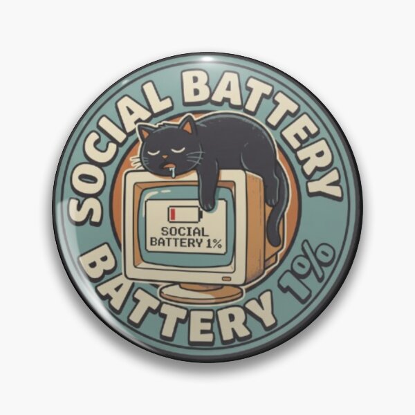 Item preview, Social Battery 1% Sleeping Black Cat Retro CRT Computer Gamer Badge designed and sold by OLLI_STORE.