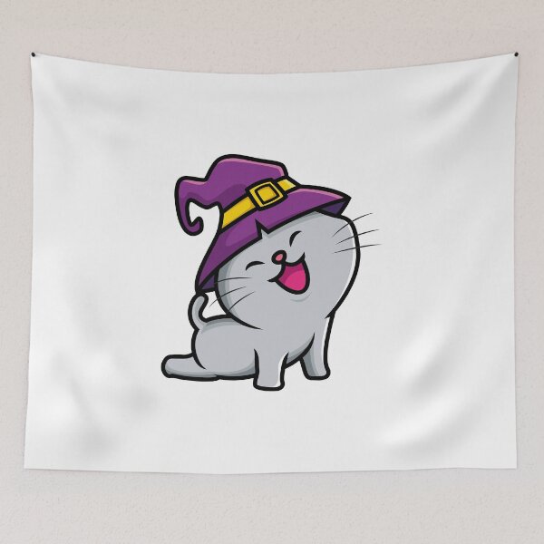 Item preview, Cute Halloween Witch Cat - Happy Kawaii Cat in Purple Witch Hat - Funny Spooky Kitty Cartoon designed and sold by Elite Wall Art.