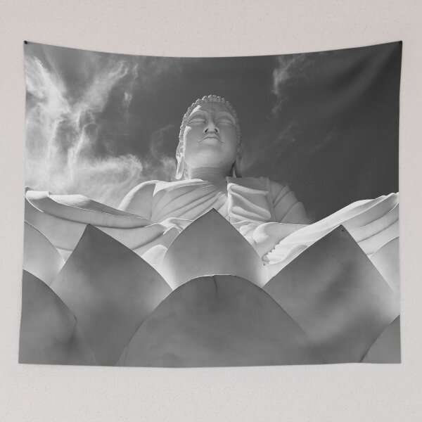 Item preview, The Great Buddha of Ibiraçu and lotus flower, Brazil black and white photographic art print designed and sold by Astrid Arkhangelsky.
