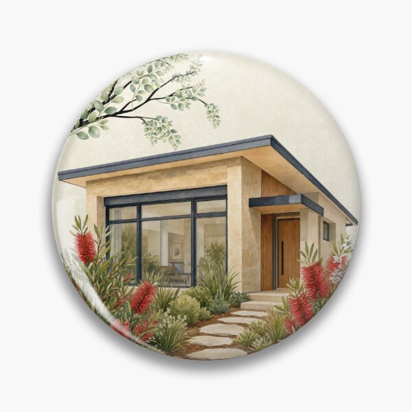 Item preview, Modern Watercolor Cabin Warm Stone Architecture & Bottlebrush Garden designed and sold by Verantia.