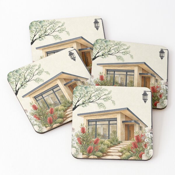 Item preview, Modern Watercolor Cabin Warm Stone Architecture & Bottlebrush Garden designed and sold by Verantia.