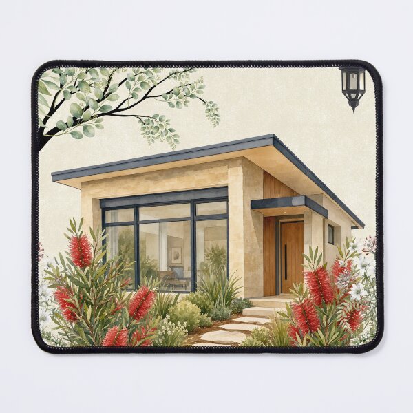 Item preview, Modern Watercolor Cabin Warm Stone Architecture & Bottlebrush Garden designed and sold by Verantia.