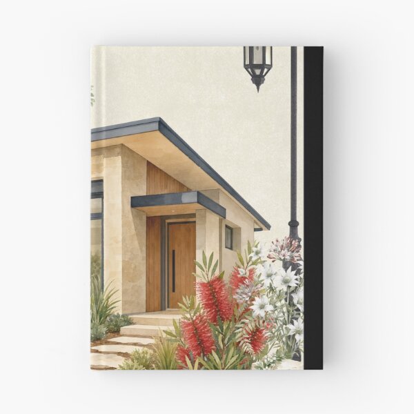 Item preview, Modern Watercolor Cabin Warm Stone Architecture & Bottlebrush Garden designed and sold by Verantia.