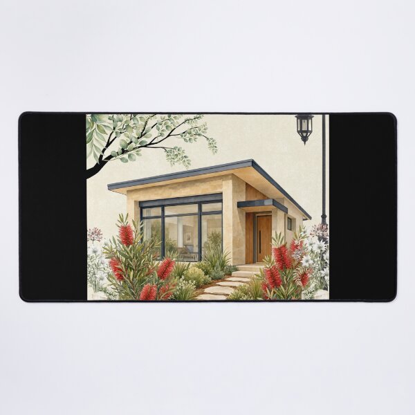 Item preview, Modern Watercolor Cabin Warm Stone Architecture & Bottlebrush Garden designed and sold by Verantia.