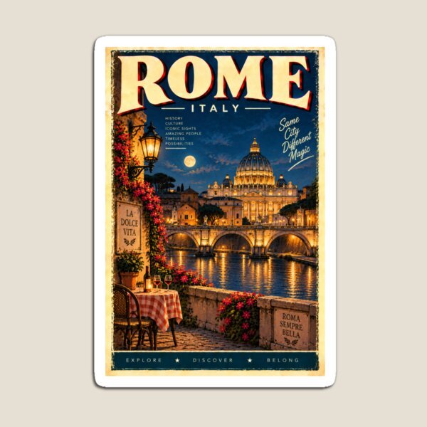 Item preview, Rome Italy at Night Travel Poster – Retro St. Peter’s Basilica & Tiber River designed and sold by RockitBaby.