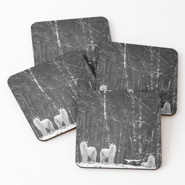 Item preview, Winter wolves howling on hilltop black and white nature photograph designed and sold by Astrid Arkhangelsky.