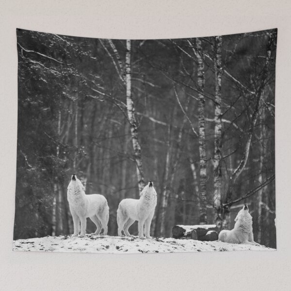 Item preview, Winter wolves howling on hilltop black and white nature photograph designed and sold by Astrid Arkhangelsky.