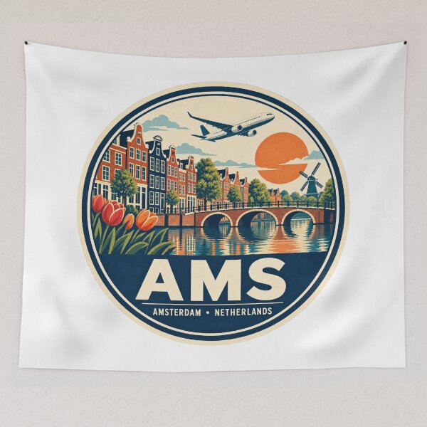 Item preview, AMS Amsterdam Airport Code Retro Travel Badge designed and sold by CLOUTKULT.