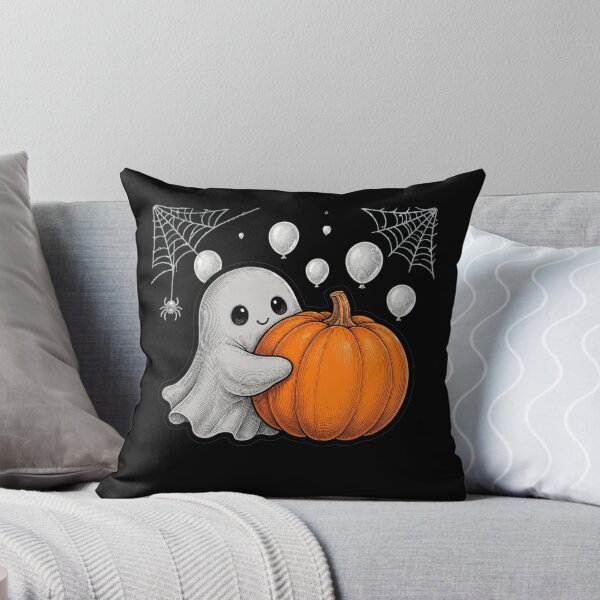 Item preview, Cute Ghost Hugging Pumpkin Halloween Kawaii Ghost with Spider Web designed and sold by HealingEraInk.