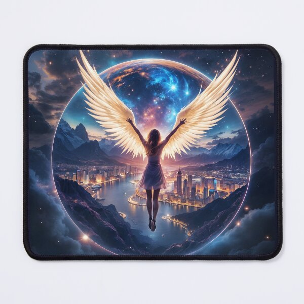 Item preview, Wings of Dreams: An angel above a nighttime metropolis designed and sold by KunstGeist.