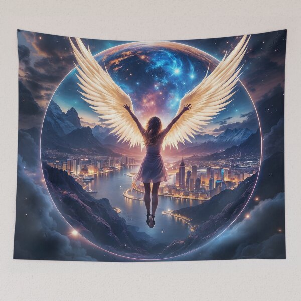 Item preview, Wings of Dreams: An angel above a nighttime metropolis designed and sold by KunstGeist.