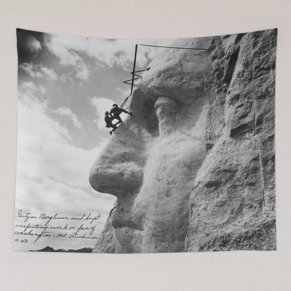 Item preview, Vintage Gutzon Borglum and supt. inspecting work on face [nose] of George Washington, Mount Rushmore, South Dakota black and white photograph designed and sold by Astrid Arkhangelsky.