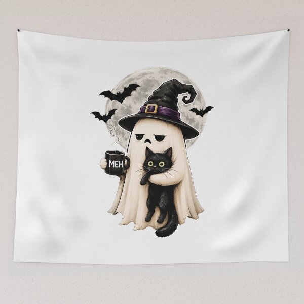 Item preview, Spooky Ghost Cat Witch Hat Meh Coffee Moon designed and sold by OlyvieArt.