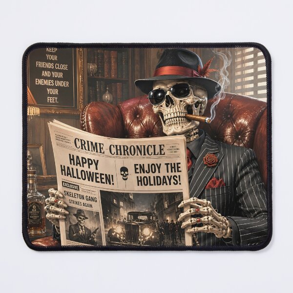 Item preview, Gangster Skeleton Reading Newspaper and Drinking Whiskey designed and sold by DoveArtDesigns.