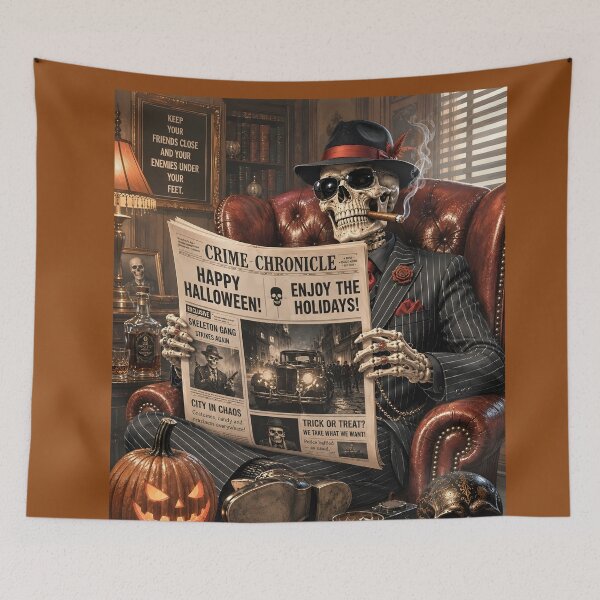 Item preview, Gangster Skeleton Reading Newspaper and Drinking Whiskey designed and sold by DoveArtDesigns.
