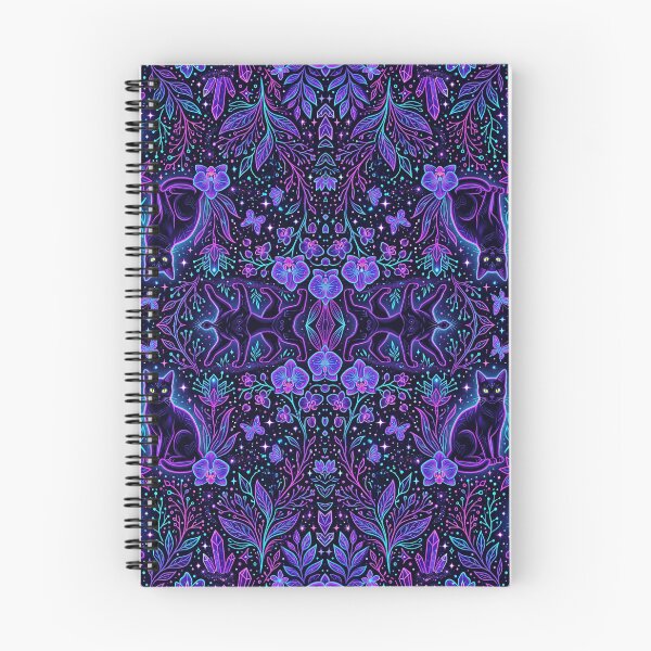 Item preview, mystical gothic cat floral pattern, dark purple boho wallpaper, witchy celestial feline seamless designed and sold by ArtDesignTp.