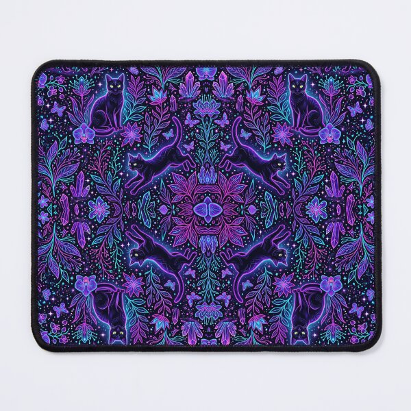 Item preview, mystical gothic cat floral pattern, dark purple boho wallpaper, witchy celestial feline seamless designed and sold by ArtDesignTp.