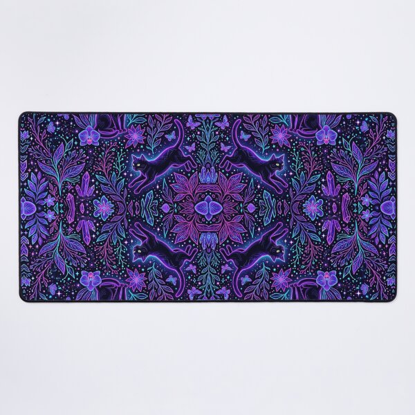 Item preview, mystical gothic cat floral pattern, dark purple boho wallpaper, witchy celestial feline seamless designed and sold by ArtDesignTp.
